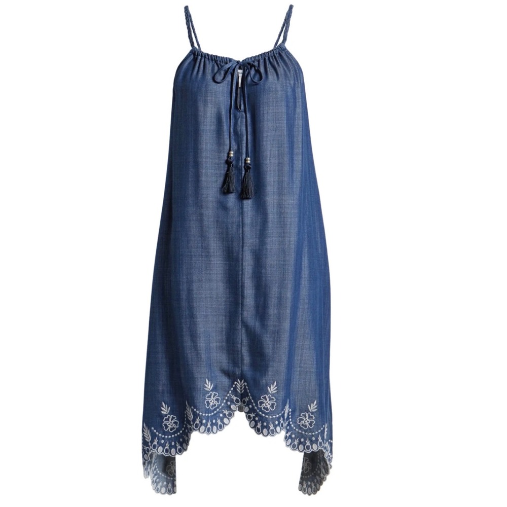 NWOT Tommy Bahama Chambray Dress Womens XS Blue Embroidered Eyelet Tassel Tencel